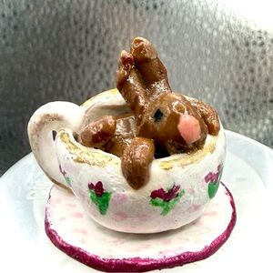 $25 EACH Handmade Teeny tiny Teacup Figurines with bunny & bird